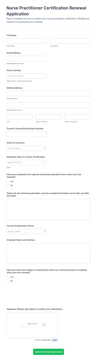 Nurse Practitioner Certification Renewal Application Form Template