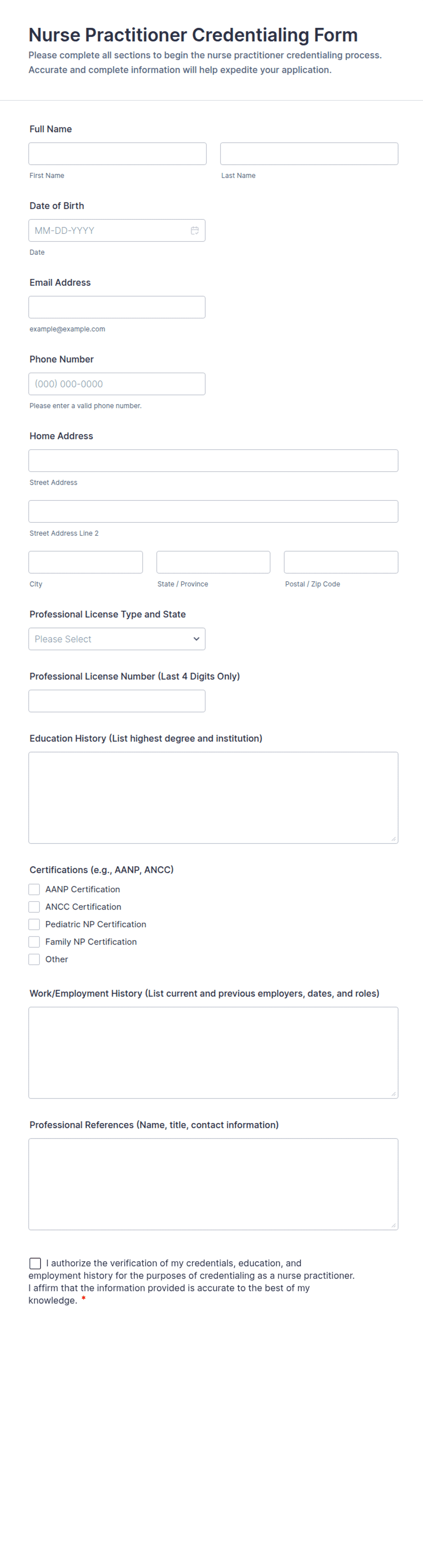 Nurse Practitioner Credentialing Form Template | Jotform