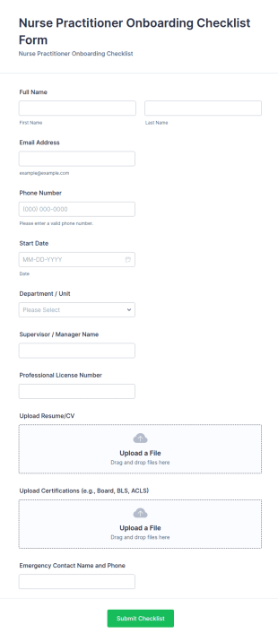 Nurse Practitioner Onboarding Checklist Form Template