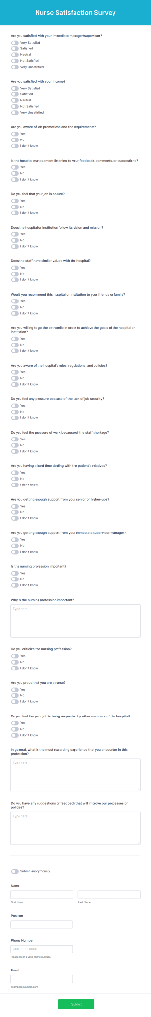 Nurse Satisfaction Survey Form Template