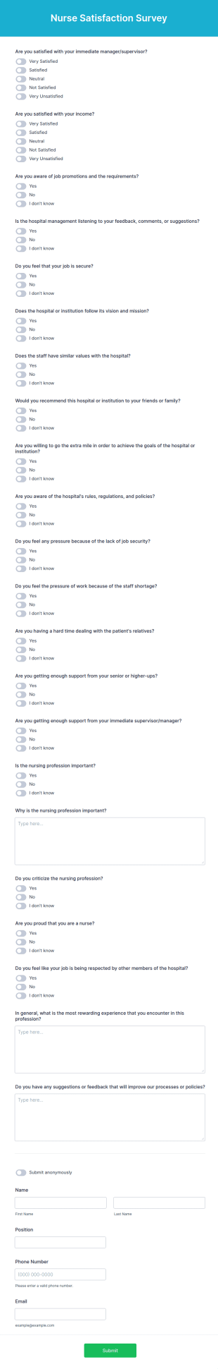 Nurse Satisfaction Survey Form Template