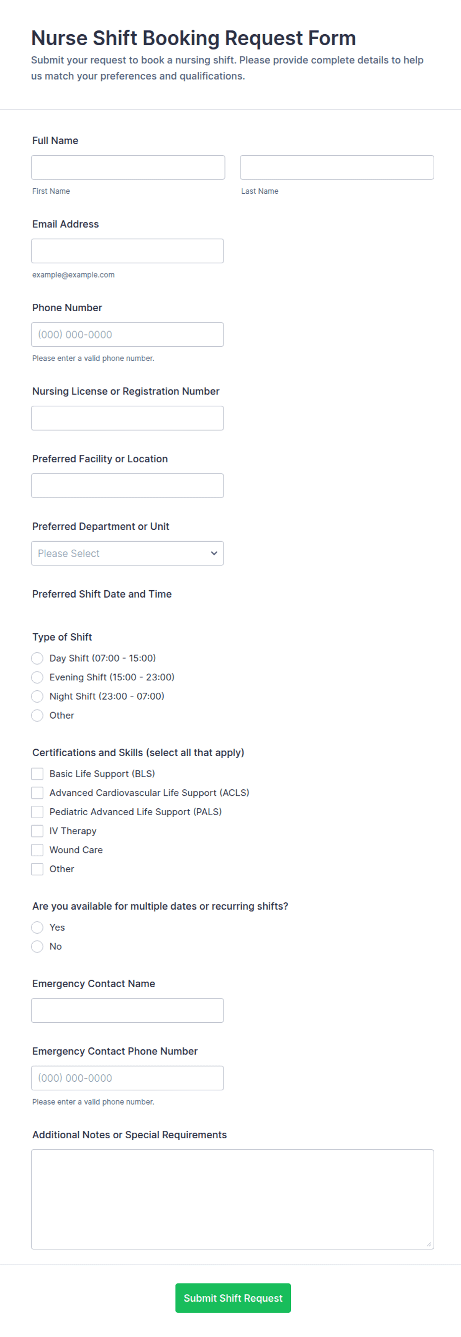 Nurse Shift Booking Request Form Template | Jotform