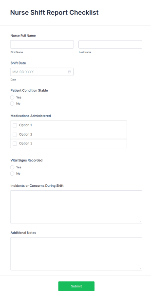 Nurse Shift Report Checklist Form Template