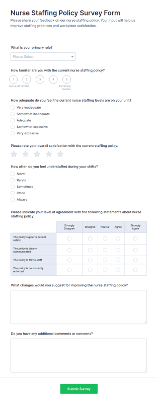 Nurse Staffing Policy Survey Form Template