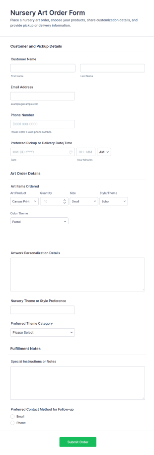Nursery Art Order Form Template