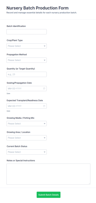 Nursery Batch Production Form Template