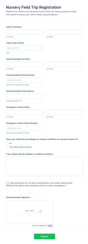 Nursery Field Trip Registration Form Template