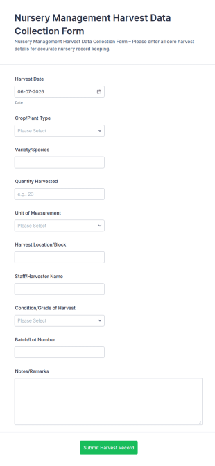 Nursery Management Harvest Data Collection Form Template