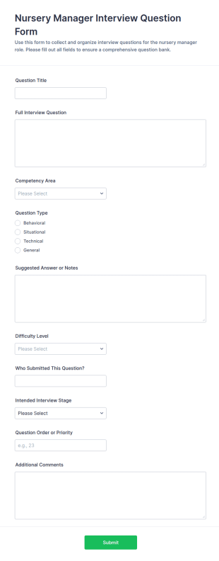Nursery Manager Interview Question Form Template