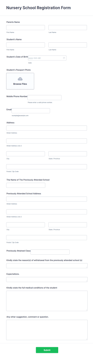 Nursery School Registration Form Template