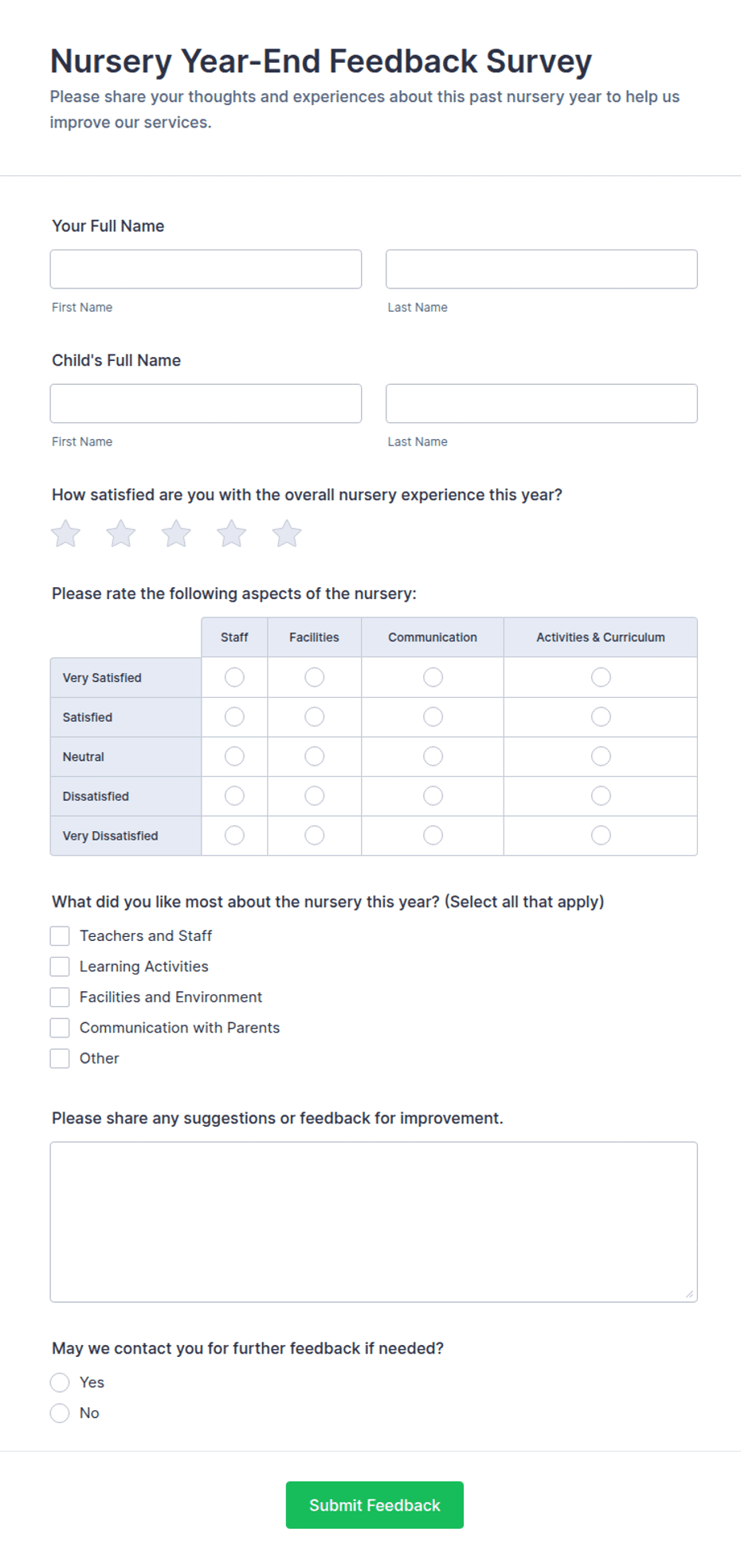 Nursery Year-End Feedback Survey Form Template | Jotform
