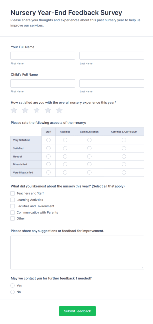 Nursery Year End Feedback Survey Form Template