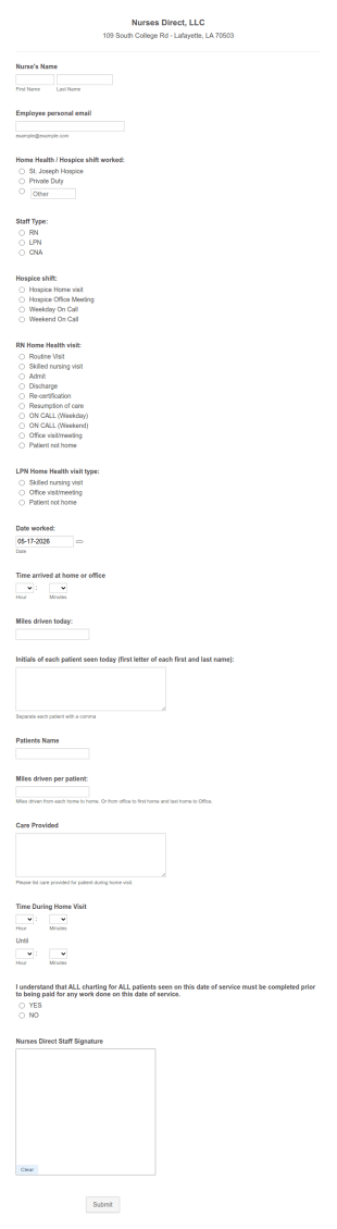 Nurses Direct Home Visit E Slip Form Template