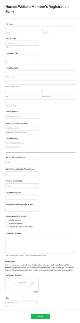 Nurses Welfare Member's Registration Form Template