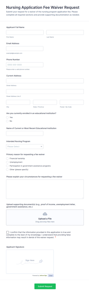 Nursing Application Fee Waiver Request Form Template