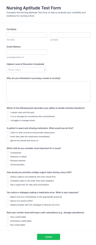 Nursing Aptitude Test Form Template