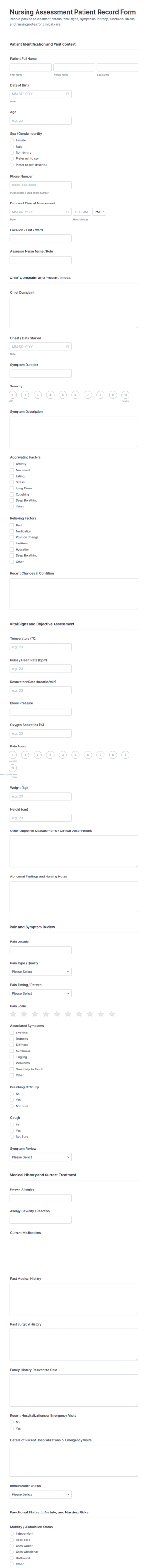 Nursing Assessment Patient Record Form Template