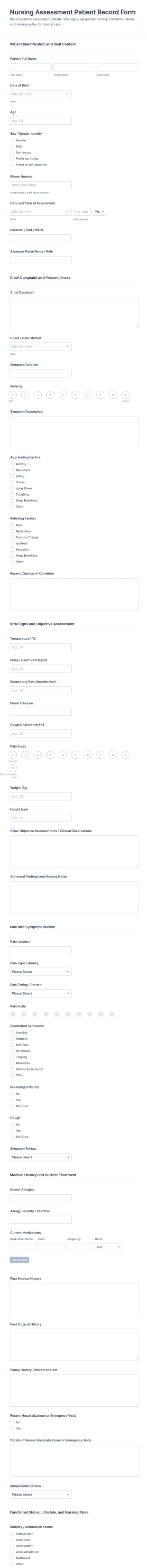 Nursing Assessment Patient Record Form Template
