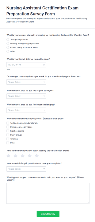 Nursing Assistant Certification Exam Preparation Survey Form Template
