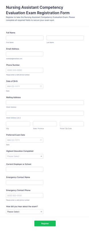 Nursing Assistant Competency Evaluation Exam Registration Form Template