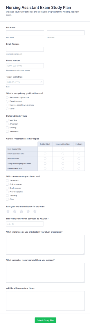 Nursing Assistant Exam Study Plan Form Template