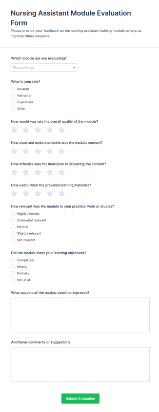 Nursing Assistant Module Evaluation Form Template