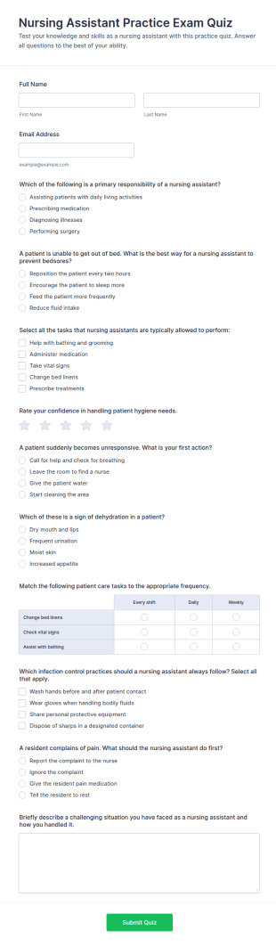 Nursing Assistant Practice Exam Quiz Form Template