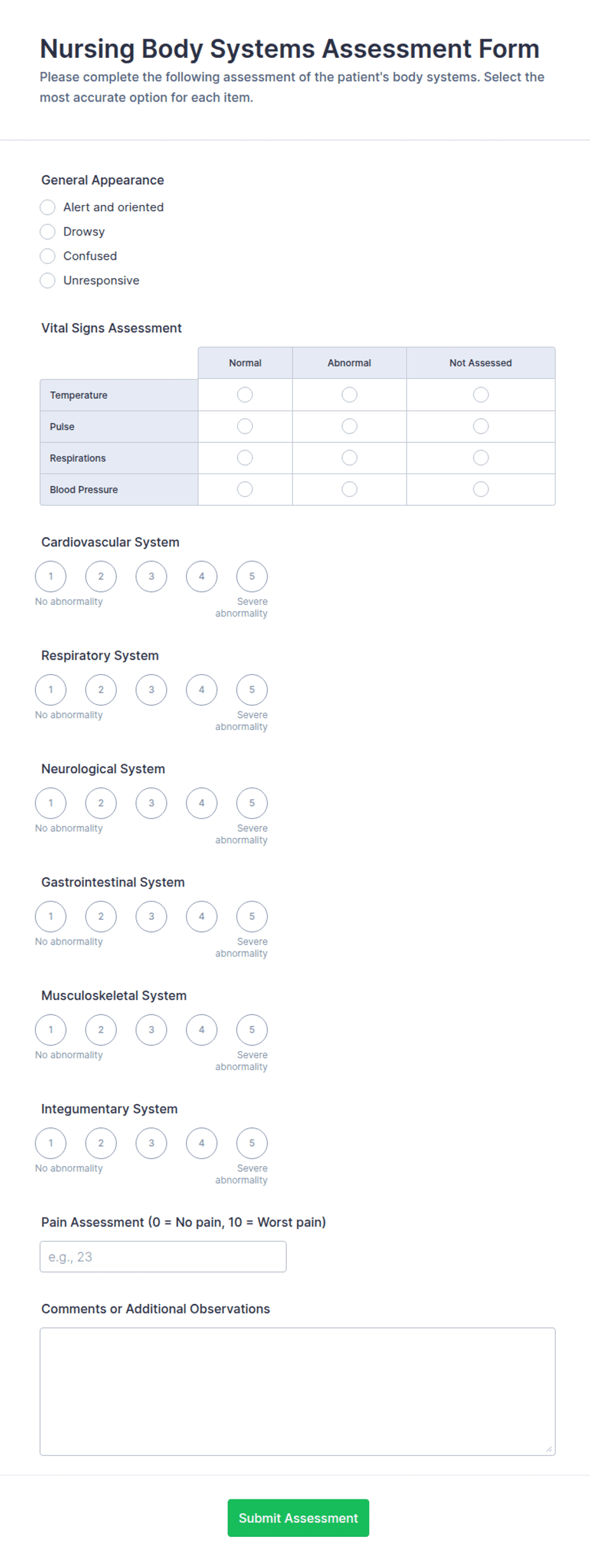 Nursing Body Systems Assessment Form Template | Jotform