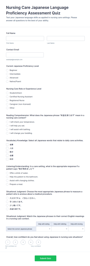 Nursing Care Japanese Language Proficiency Assessment Quiz Form Template
