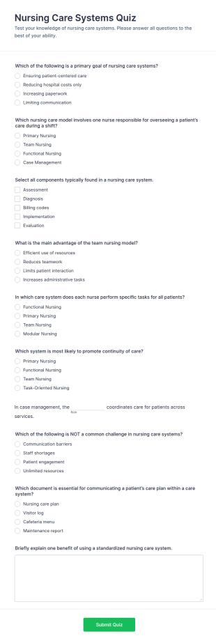 Nursing Care Systems Quiz Form Template