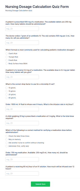 Nursing Dosage Calculation Quiz Form Template