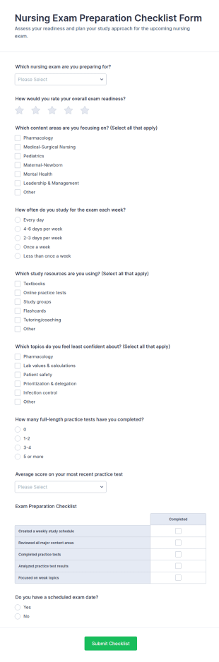 Nursing Exam Preparation Checklist Form Template