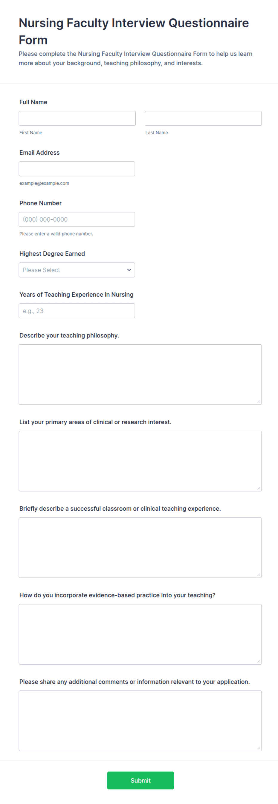 Nursing Faculty Interview Questionnaire Form Template | Jotform