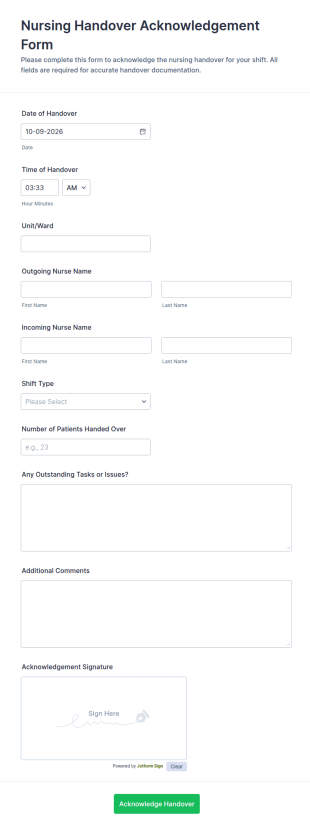 Nursing Handover Acknowledgement Form Template