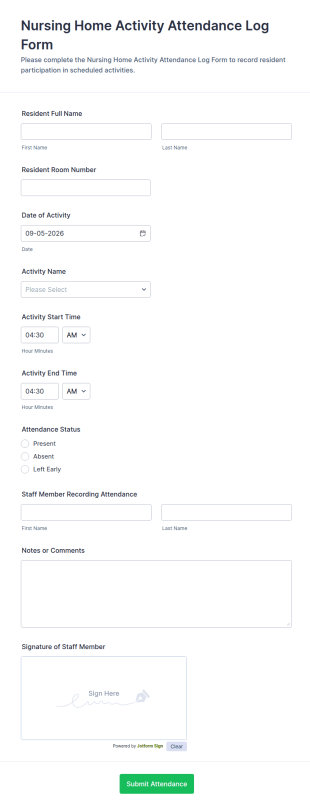 Nursing Home Activity Attendance Log Form Template