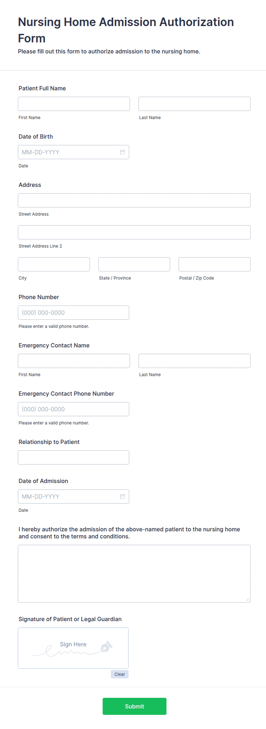 Nursing Home Admission Authorization Form Template | Jotform