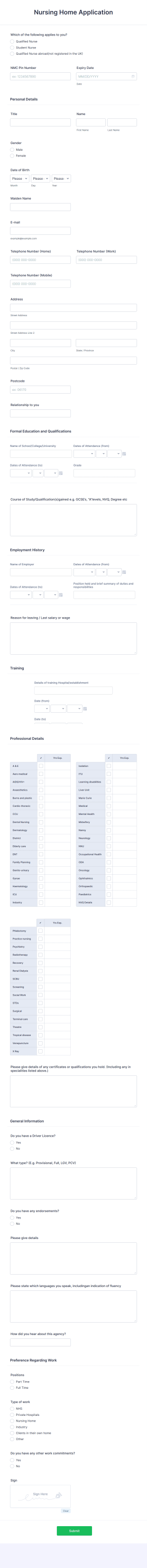 Nursing Home Application Form Template