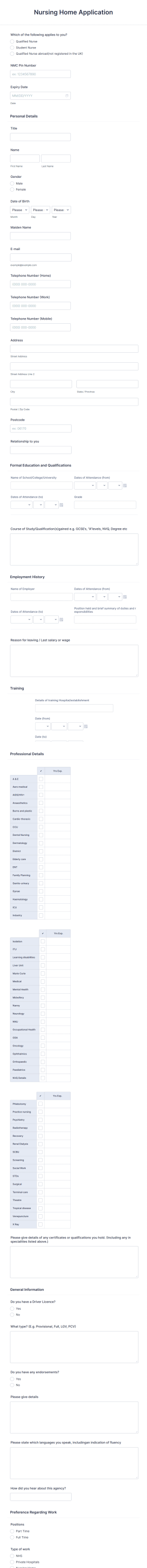 Nursing Home Application Form Template