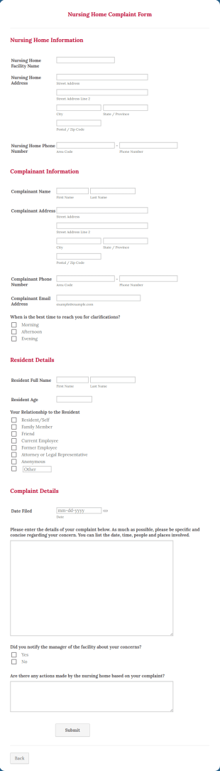 Nursing Home Complaint Form Template