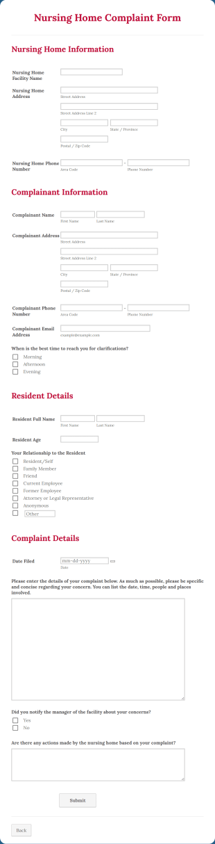Nursing Home Complaint Form Template