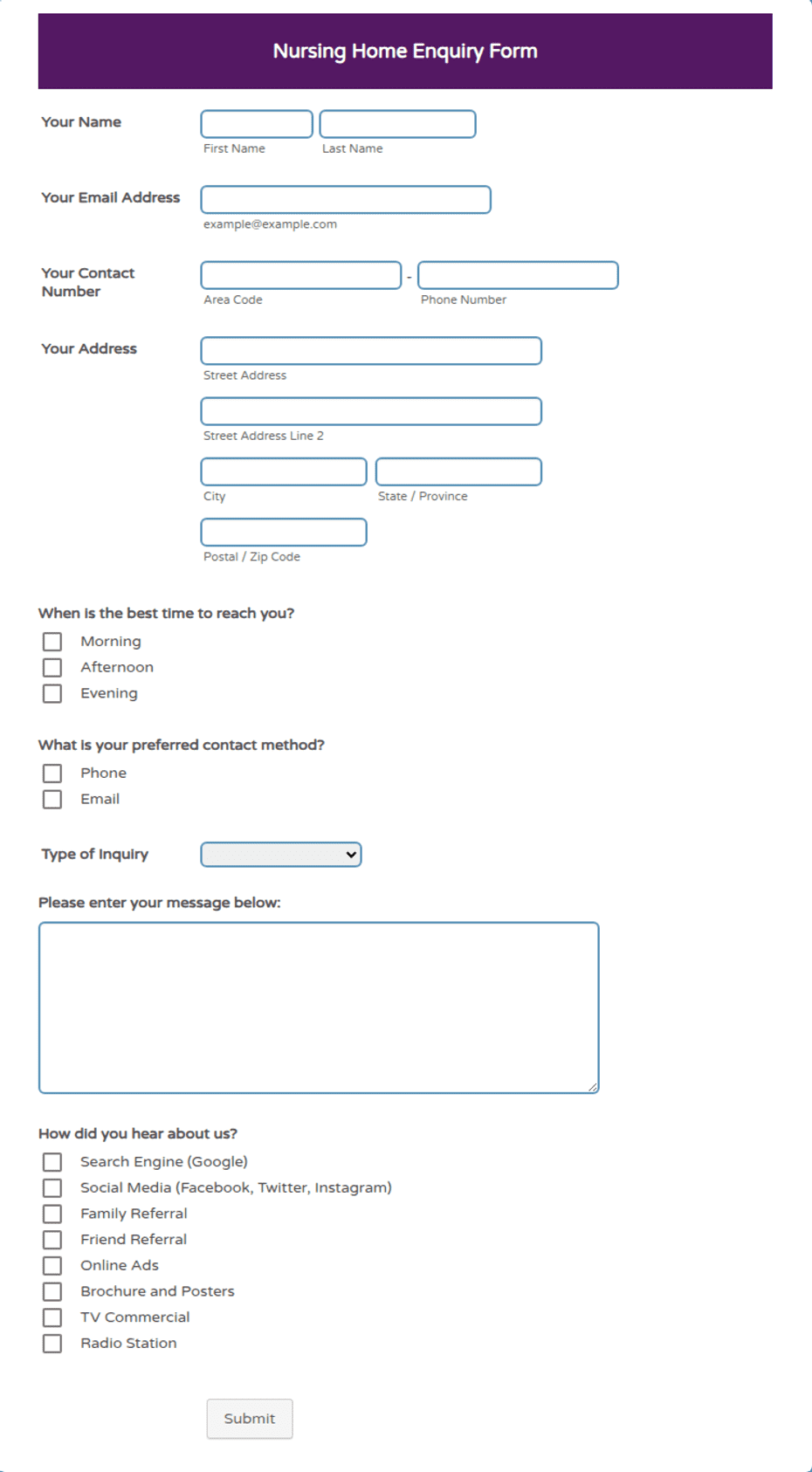 Nursing Home Enquiry Form Template | Jotform