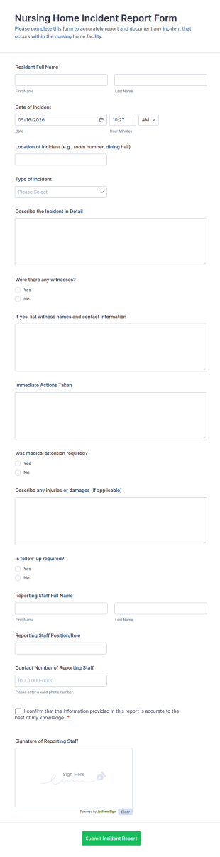 Nursing Home Incident Report Form Template