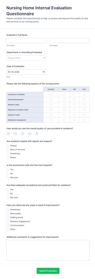 Nursing Home Internal Evaluation Questionnaire Form Template