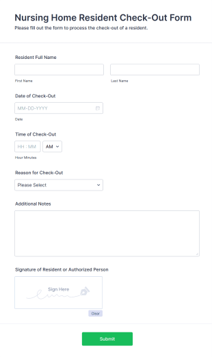 Nursing Home Resident Check Out Form Form Template
