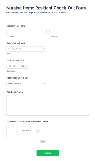 Nursing Home Resident Check Out Form Template