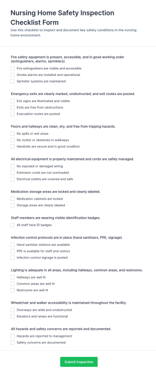 Nursing Home Safety Inspection Checklist Form Template