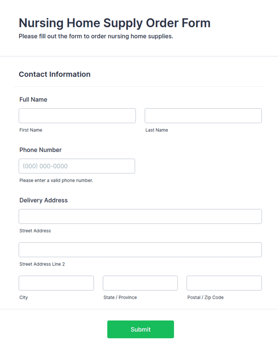 Nursing Home Supply Order Form Template | Jotform
