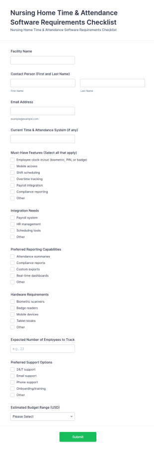Nursing Home Time & Attendance Software Requirements Checklist Form Template