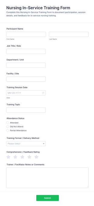 Nursing In Service Training Form Template