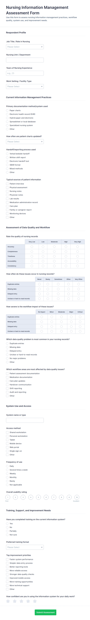 Nursing Information Management Assessment Form Template